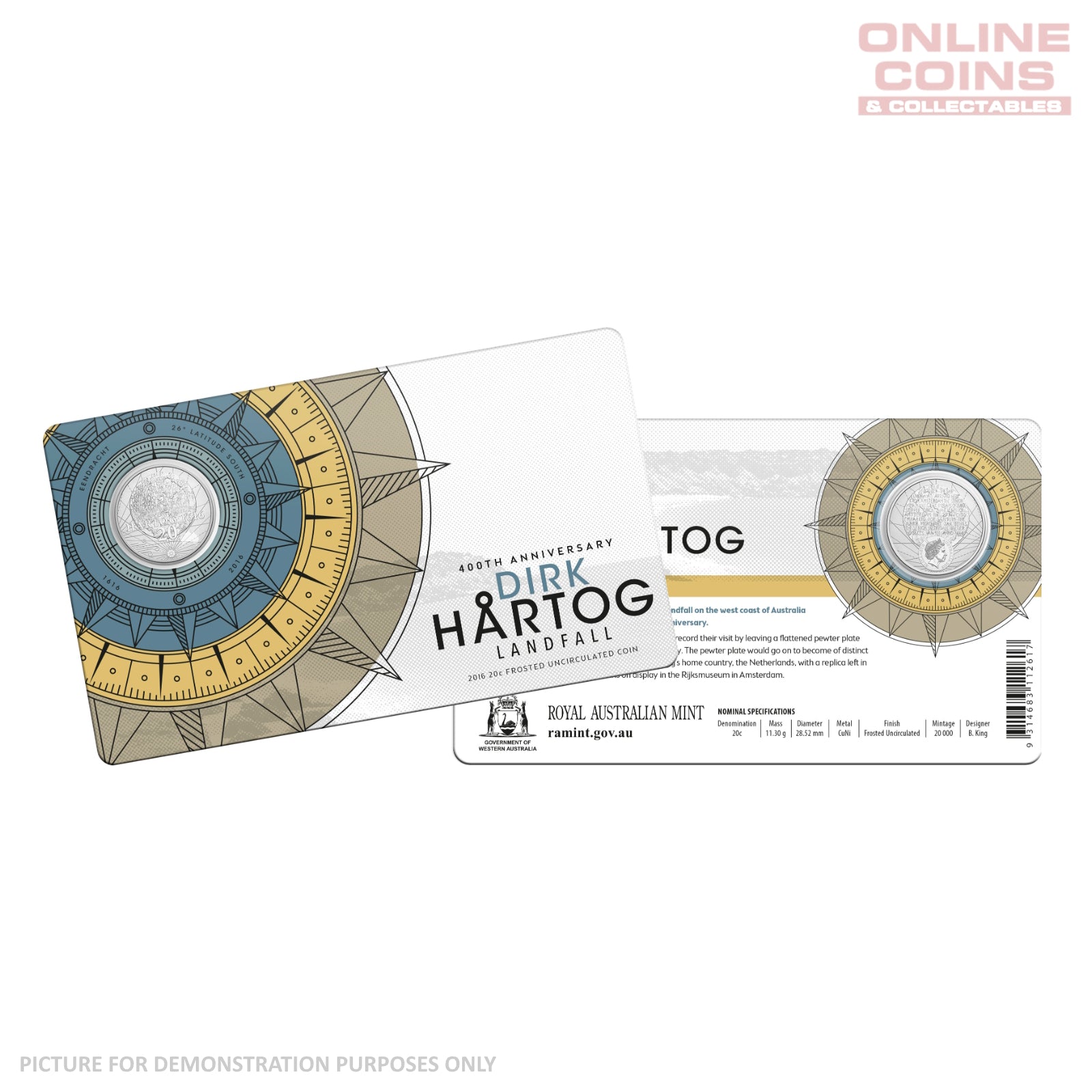 2016 20c Uncirculated Carded Coin - DIRK HARTOG'S LANDFALL